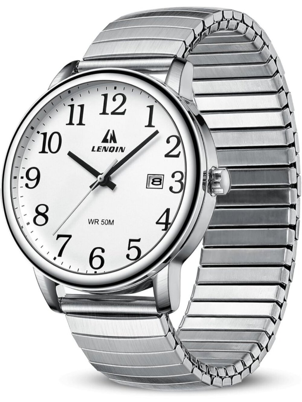 Men's Silver Analog Quartz Stainless Steel Easy Reader Waterproof Wrist Watch